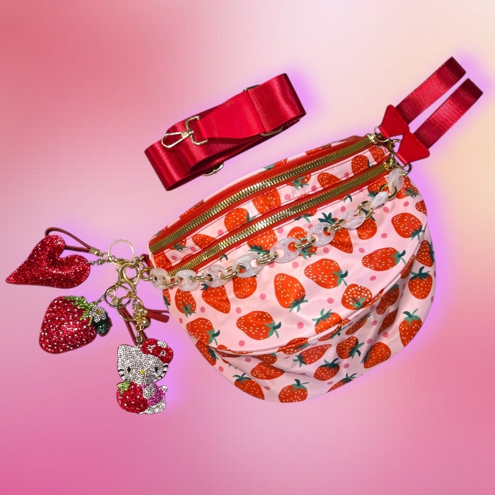 Bum Bag Bundle Deal | Strawberry Nylon Crossbody + Acrylic Chain & 3 Bag Charms